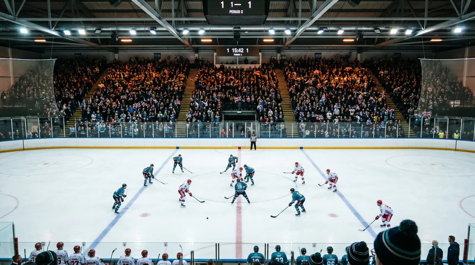 Elite Ice Hockey League home arena packed with British supporters watching a Belfast Giants fixture on the rink