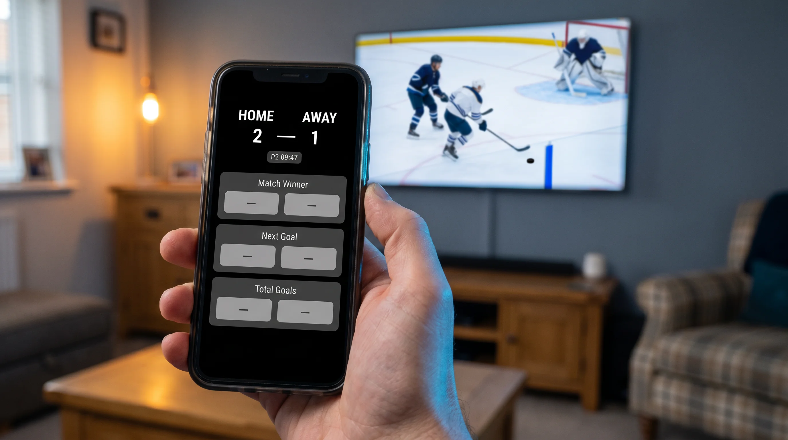 Smartphone displaying a live ice hockey betting screen with running game stats while a match plays on a TV behind
