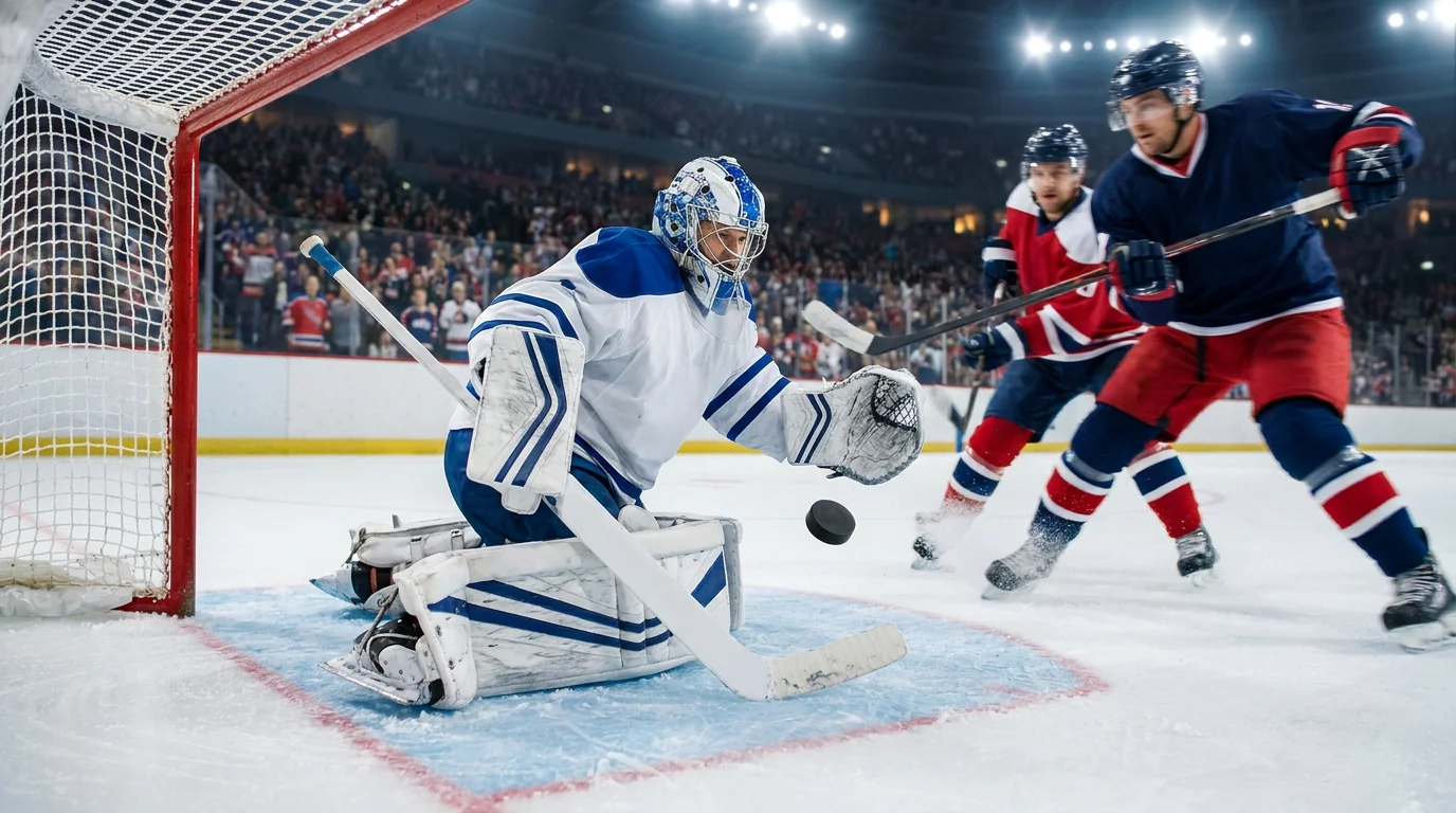 NHL goaltender in full pads and mask making a glove save inside the crease as a skater drives the net